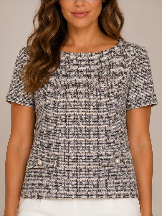 Ann Taylor Tops - Ann Taylor Petite Tweed Knit Top Short Sleeve Pearl Pocket Gray MP NWT